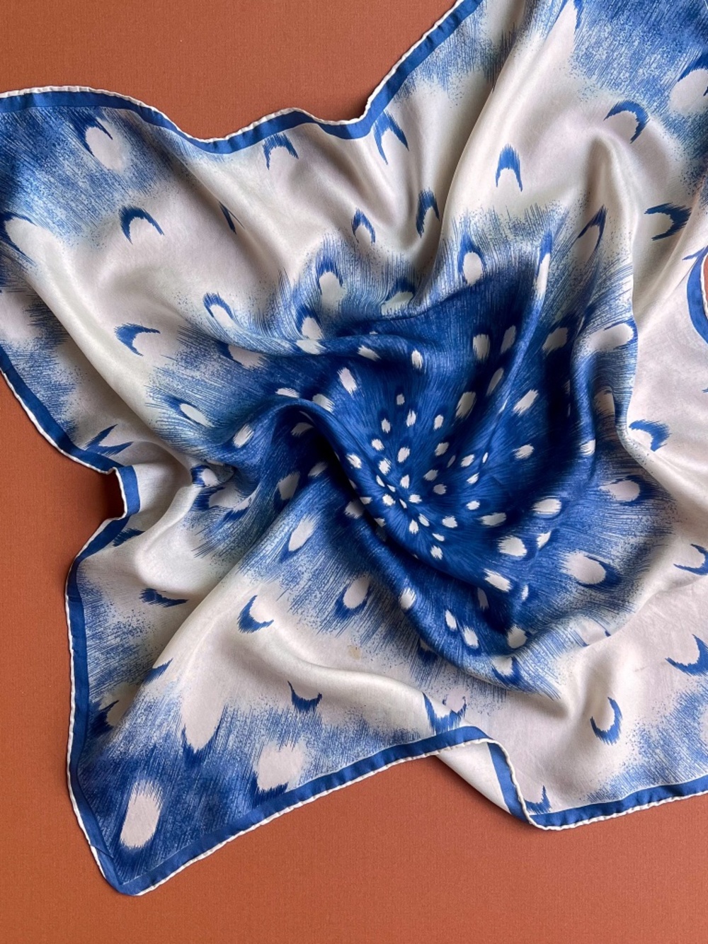Vintage 1970s Blue and White Starburst Print Silk Scarf